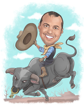 A caricature of Andreas Antonopoulous dressed as a cowboy riding a bull.