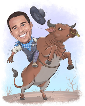 A caricature of Anthony Pompliano dressed as a cowboy riding a bull.