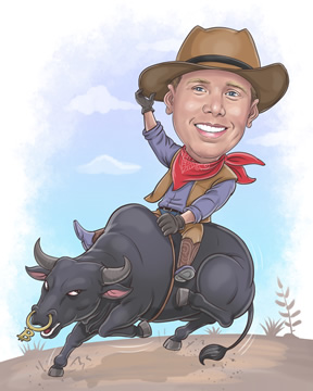 A caricature of Barry Silbert dressed as a cowboy riding a bull.