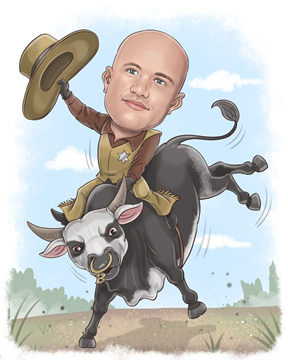 A caricature of Brian Armstrong dressed as a cowboy riding a bull.