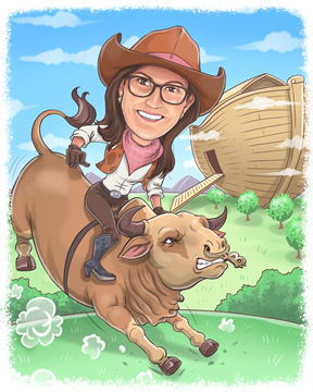 A caricature of Cathie Wood dressed as a cowgirl riding a bull with an ark in the background.