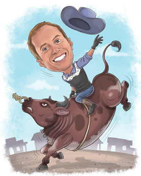 A caricature of Erik Voorhees dressed as a cowboy riding a bull.