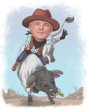 A caricature of Michael Novogratz dressed as a cowboy riding a bull.