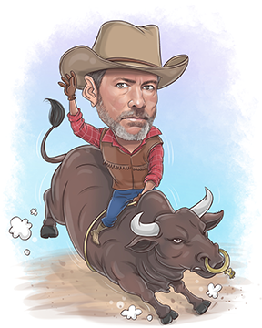 A caricature of Michael Saylor dressed as a cowboy riding a bull.