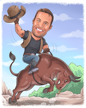 A caricature of Robert Breedlove riding a bull with a Bitcoin tattoo on his arm.