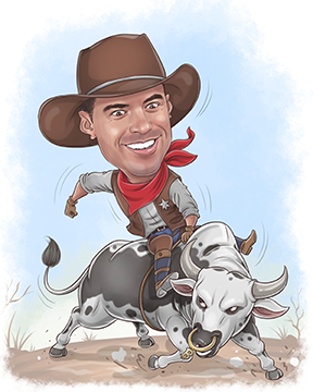 A caricature of Roger Ver dressed as a cowboy riding a bull.