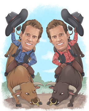 Caricatures of the Winklevoss twins riding bulls.